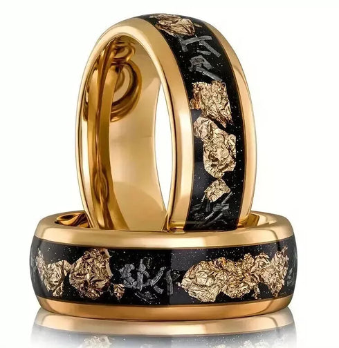 Men's 8mm Tungsten Gold Leaf Flakes & Crushed Meteorite Comfort-Fit Wedding Band